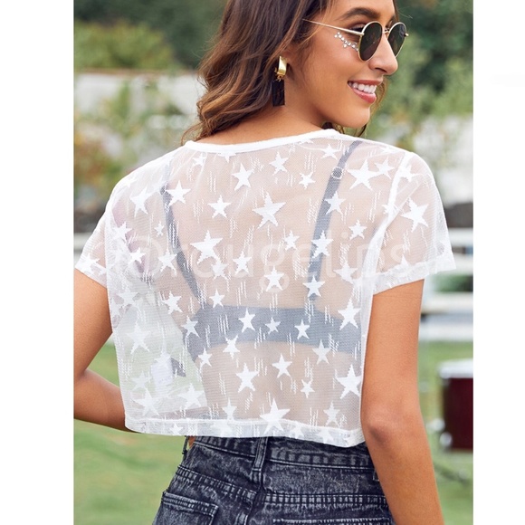 White Sheer Mesh Crop Tee Stars Pattern Short Sleeve Round Neck - Picture 5 of 6
